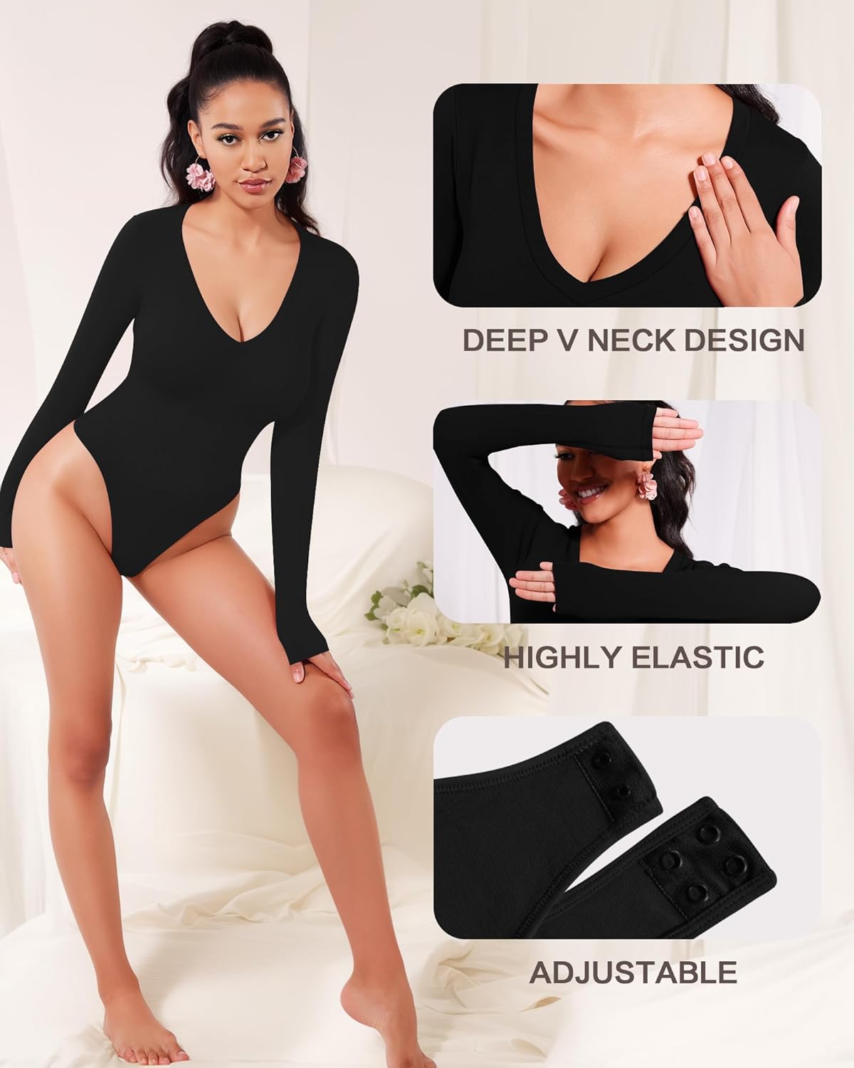 Mangopop Deep V Neck Shapewear Bodysuits Thong Tummy Control Long