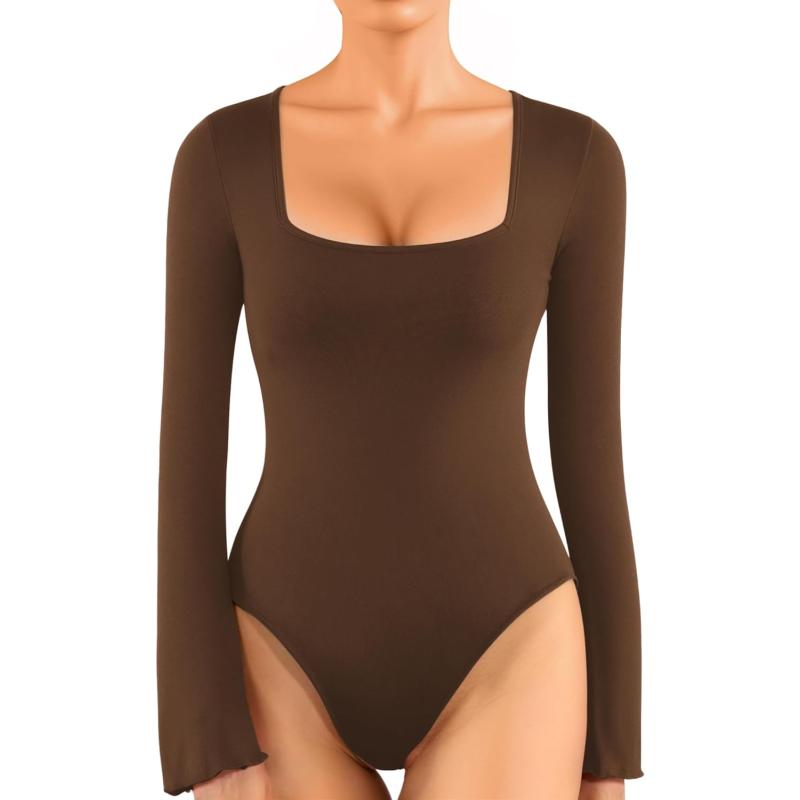 MANGOPOP Sexy Cut Out Round Neck Long Sleeve Bodysuit Tops One Shoulder